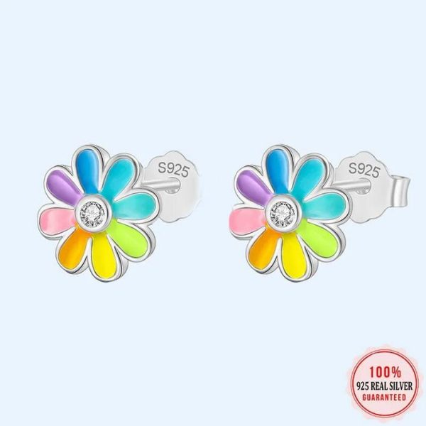 18K 925 Sterling Silver Rainbow Glaze Flower Charm Adjustable Ring/Stud Earrings - Image 2