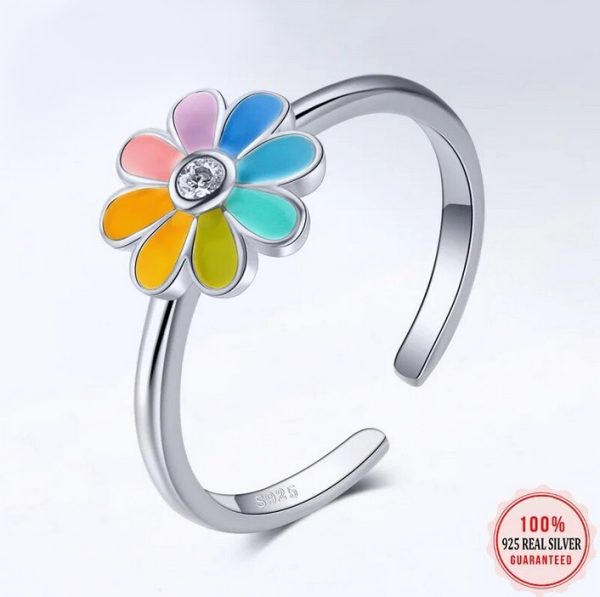 18K 925 Sterling Silver Rainbow Glaze Flower Charm Adjustable Ring/Stud Earrings