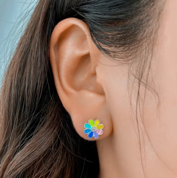 18K 925 Sterling Silver Rainbow Glaze Flower Charm Adjustable Ring/Stud Earrings - Image 3