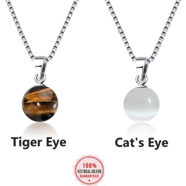 Authentic 925 Sterling Silver Tiger/Cat’s Eye Polished Stone Pendant Necklace