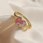 Elegant PVD-Stainless Steel Cute Heart Shape Enamel Yin Yang Ring