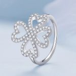 Platinum 925 Sterling Silver Lucky Four-Leaf Clover Dazzling Zircon Ring