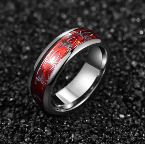 Men’s Creative Spider Motif Inlaid Red Opal 8MM Tungsten Carbide Ring