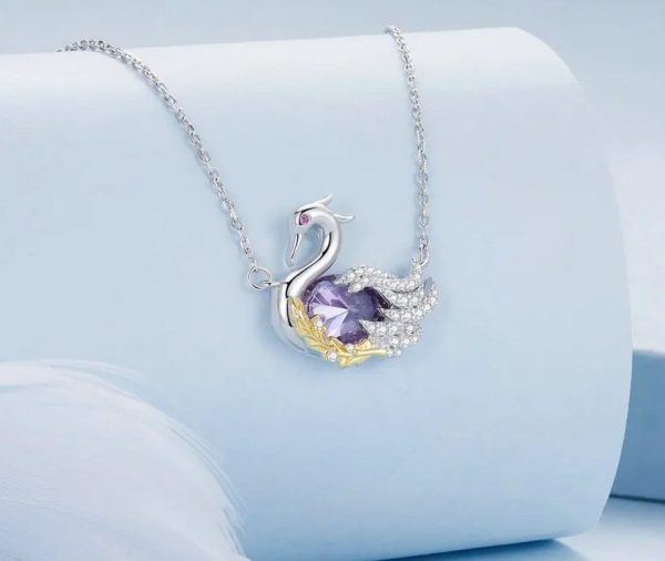 Platinum 925 Sterling Silver Luxury Purple Zircon Swan Pendant Choker - Image 3