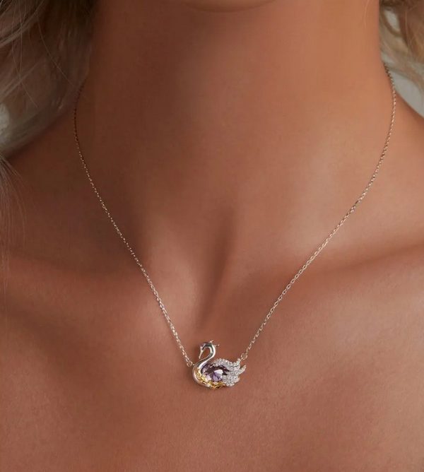 Platinum 925 Sterling Silver Luxury Purple Zircon Swan Pendant Choker - Image 4