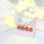 Fine Rhodium 925 Sterling Silver Natural Red Garnet Cherry Drop Chain Earrings