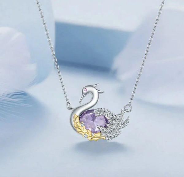 Platinum 925 Sterling Silver Luxury Purple Zircon Swan Pendant Choker