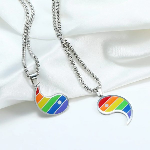 2PC Rhodium Stainless Steel Yin Yang Rainbow Pride Pendant Necklace - Image 3