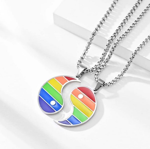 2PC Rhodium Stainless Steel Yin Yang Rainbow Pride Pendant Necklace