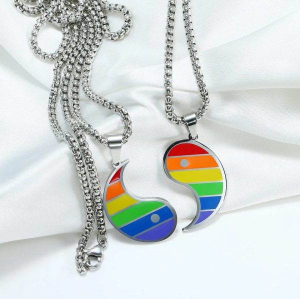 2PC Rhodium Stainless Steel Yin Yang Rainbow Pride Pendant Necklace - Image 2