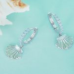 Platinum 925 Sterling Silver Elegant Nano Opal Sea-Shell Charm Hoop Earrings