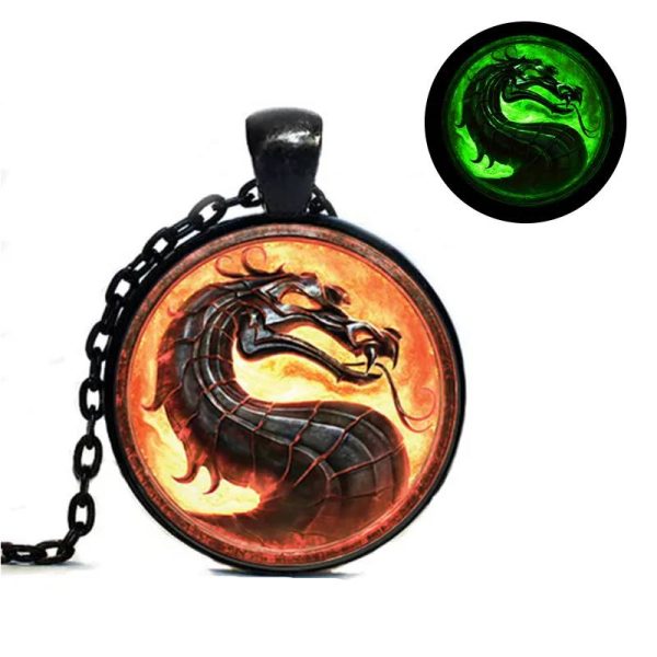 Vintage Mortal Kombat Glow in the Dark Glass Dome Dragon Pendant Necklace