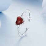 18K 925 Sterling Silver Luscious Red Agate Adjustable Heart Ring