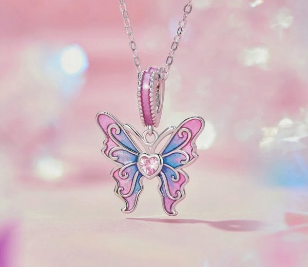 Platinum 925 Sterling Silver Gradient Pink Butterfly Charm Pendant