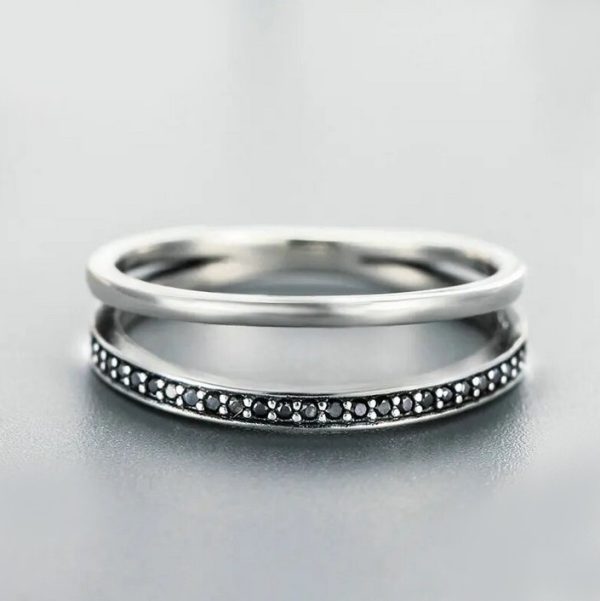 Elegant 925 Sterling Silver Black Zircon Double Band Ring - Image 2