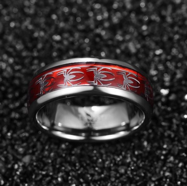 Men’s Creative Spider Motif Inlaid Red Opal 8MM Tungsten Carbide Ring - Image 2