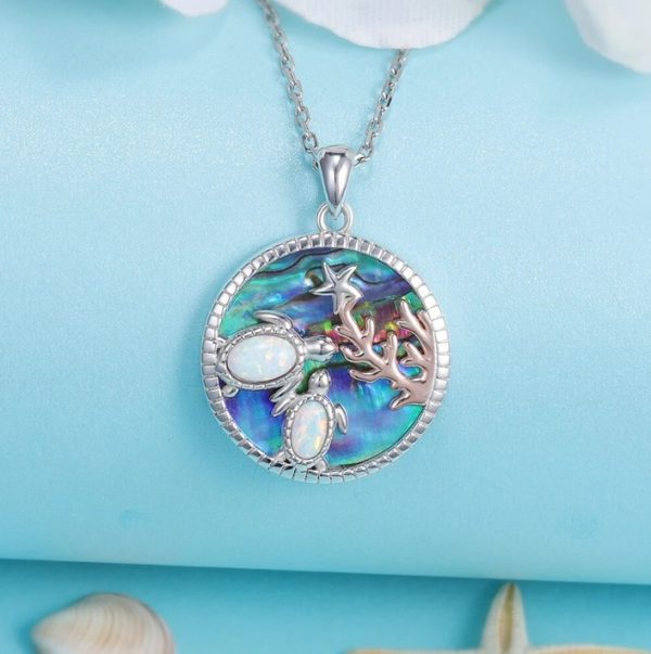 18K 925 Sterling Silver Mother/Daughter Opal Sea Turtle Abalone Pendant Necklace - Image 2