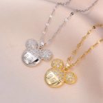 Cartoon Mickey & Minnie Mouse Studded Zirconia Pendant + Stainless Steel Choker