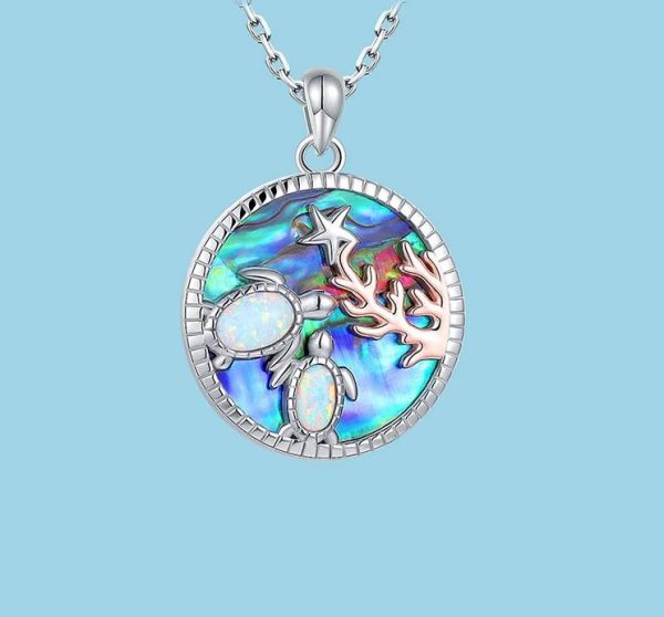 18K 925 Sterling Silver Mother/Daughter Opal Sea Turtle Abalone Pendant Necklace