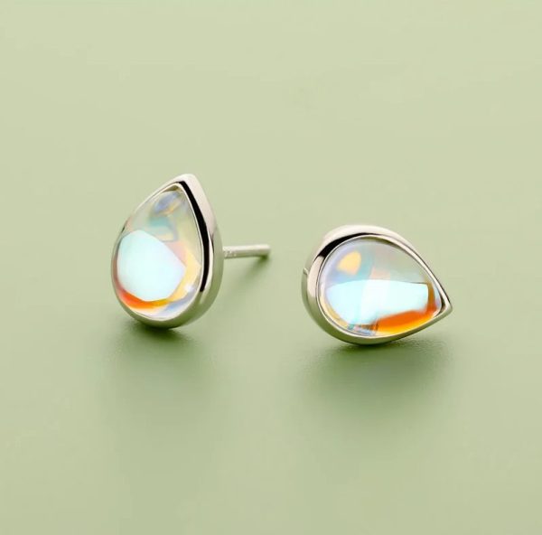 Genuine 18K 925 Sterling Silver Calm Water Drop Moonstone Stud Earrings