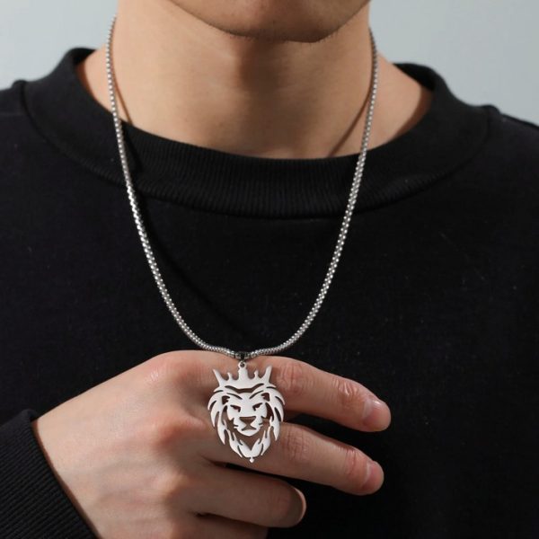 Quality Stainless Steel Crowned King Hollow Lion Pendant Necklace - Image 2