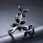 Elegant Silver Plated Black Spinel Flower Adjustable Ring