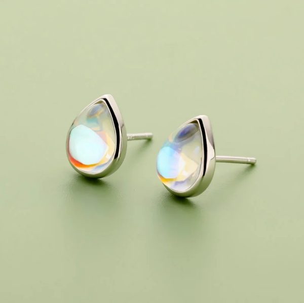 Genuine 18K 925 Sterling Silver Calm Water Drop Moonstone Stud Earrings - Image 3