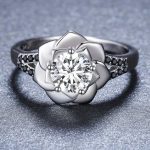 Elegant Black Spinel Silver Plated Sparkling Zirconia Flower Ring