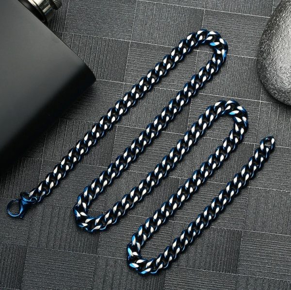 Quality 7MM Stainless Steel 2Tone Blue/Silver Cuban Link Chain Necklace/Bracelet - Image 2