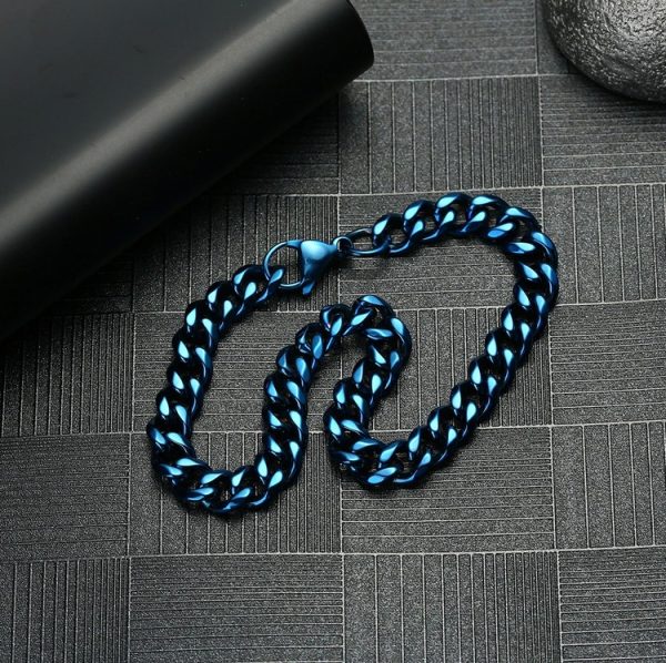 Quality 7MM Stainless Steel 2Tone Blue/Silver Cuban Link Chain Necklace/Bracelet - Image 6