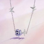 Platinum 925 Sterling Silver Purple Trillium Zircon Flower Butterfly Necklace