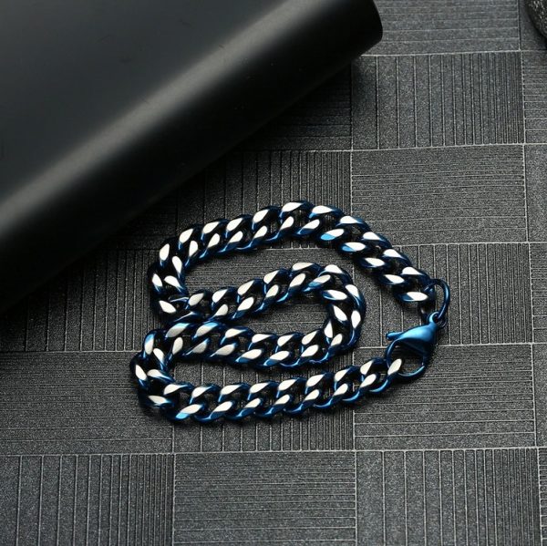 Quality 7MM Stainless Steel 2Tone Blue/Silver Cuban Link Chain Necklace/Bracelet - Image 5