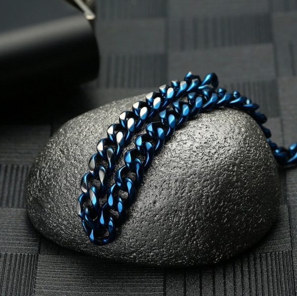 Quality 7MM Stainless Steel 2Tone Blue/Silver Cuban Link Chain Necklace/Bracelet - Image 4