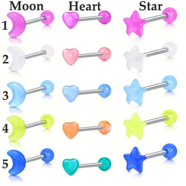 1PC 14G Stainless Steel Glow In The Dark Acrylic Moon & Star Tongue Bar Piercing