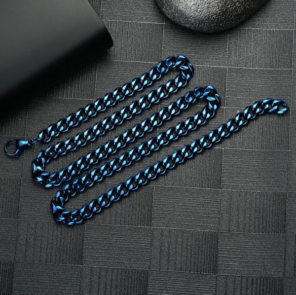 Quality 7MM Stainless Steel 2Tone Blue/Silver Cuban Link Chain Necklace/Bracelet - Image 3