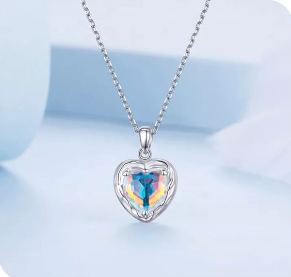 Platinum 925 Sterling Silver Mystic Rainbow Glass Heart Necklace/Earrings Set