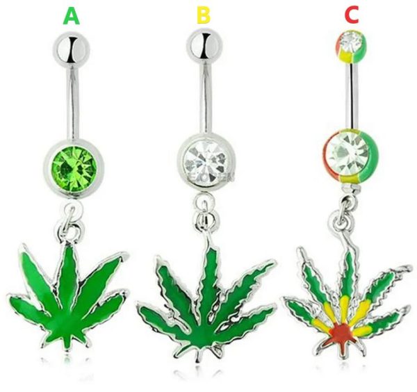 1PC - 16G Surgical Steel Green Maple Leaf Crystal Navel Piercing