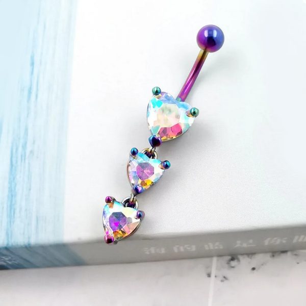 14G 316L Stainless Steel Triple Heart Rainbow Zirconia Navel Piercing