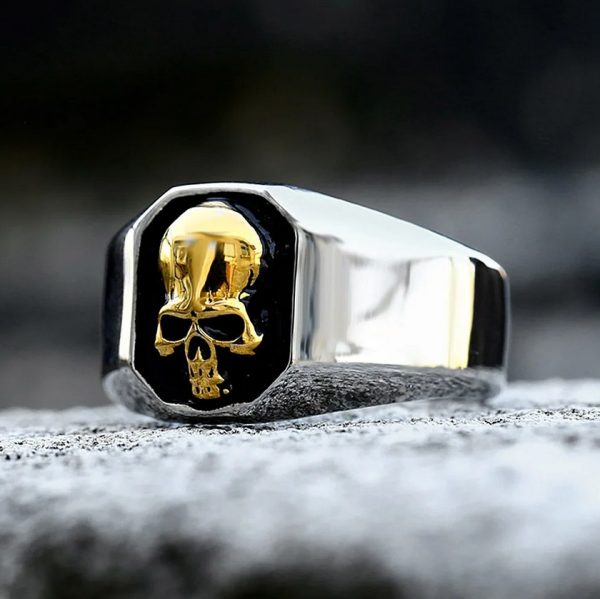 Men's Vintage 316L Stainless Steel High Polish Signet Skull Ring - Image 4