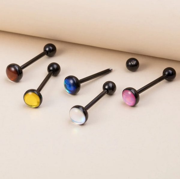 1PC Stainless Steel 14G Black Barbell Colorful Tongue Piercing - Image 2