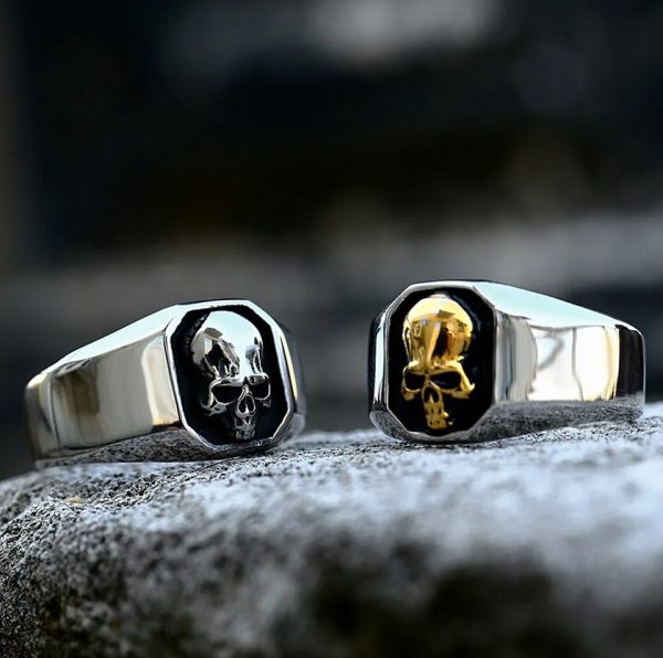 Men's Vintage 316L Stainless Steel High Polish Signet Skull Ring - Image 2