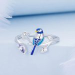 Platinum 925 Sterling Silver Zircon Branch Blue Bird Adjustable Ring