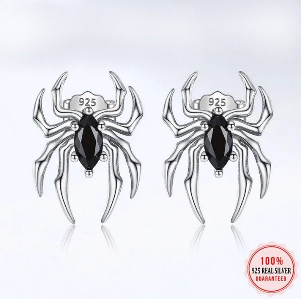 Genuine 925 Sterling Thai Silver Black Zirconia Spider Charm Stud Earrings