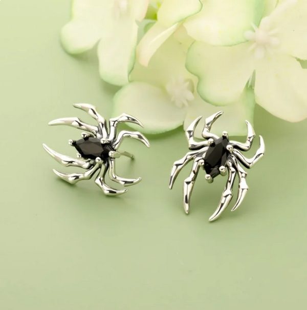 Genuine 925 Sterling Thai Silver Black Zirconia Spider Charm Stud Earrings - Image 3