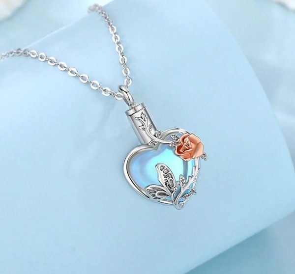 Exquisite 925 Sterling Silver Butterfly Rose Moonstone Heart Cremation Pendant