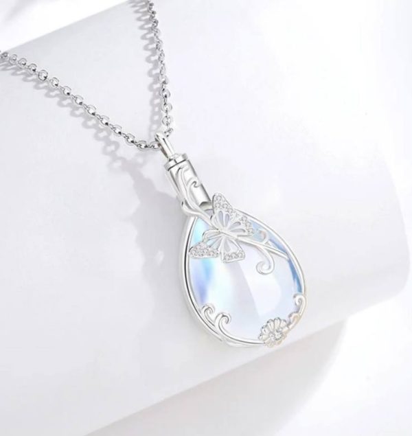 Fine 925 Sterling Silver Butterfly Flower Cremation Keepsake Moonstone Pendant