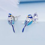 Platinum 925 Sterling Silver Fine Zircon Branch Blue Bird Stud Earrings