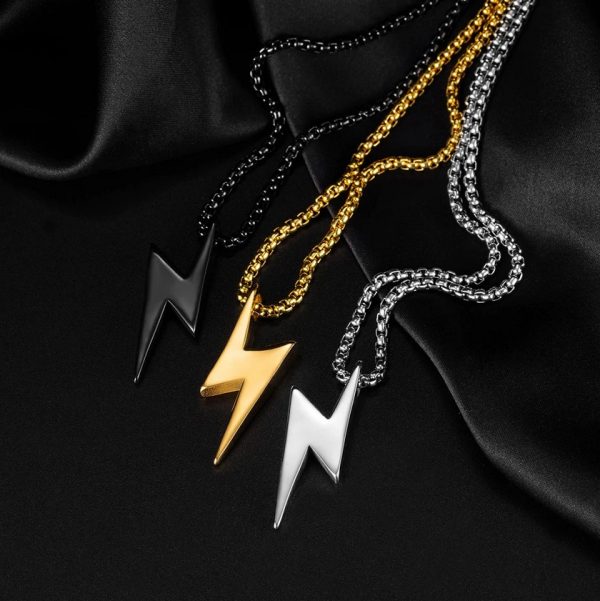 Men's Polished Stainless Steel Super Lightning Bolt Pendant Power Necklace