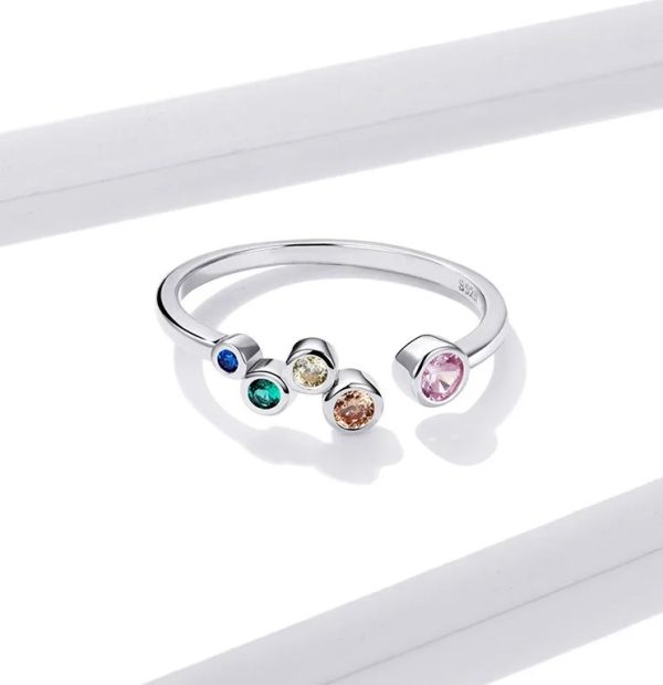 Platinum 925 Sterling Silver Rainbow Zircon Bubble Adjustable Ring (Size 6.5-8) - Image 3