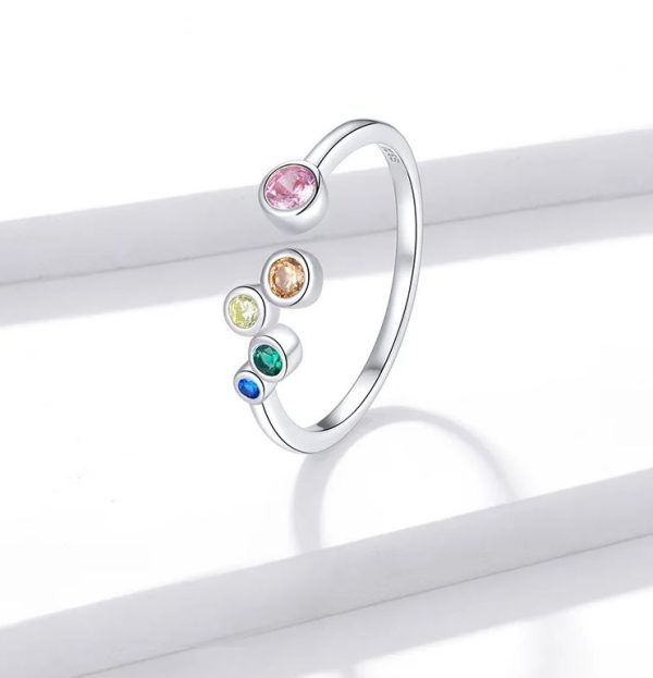 Platinum 925 Sterling Silver Rainbow Zircon Bubble Adjustable Ring (Size 6.5-8)